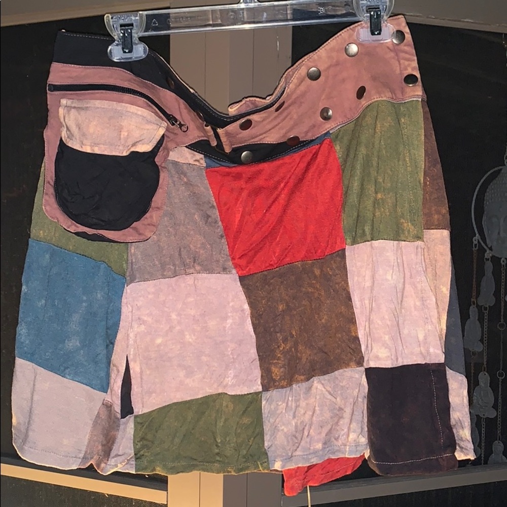 Jayli Boho Belted Patchwork Pocket Mini Skirt NWOT